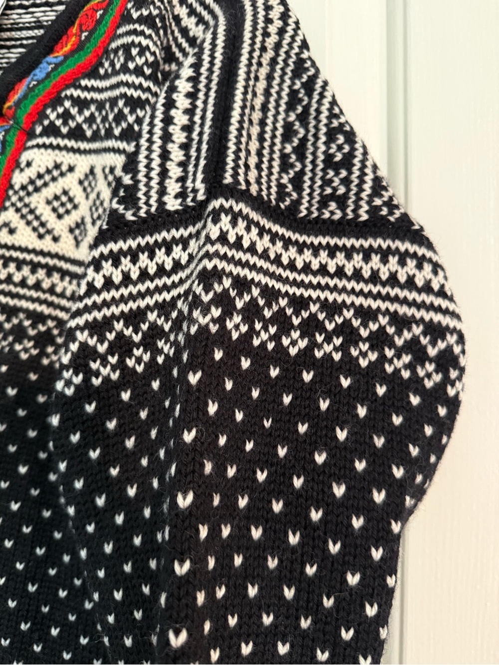 Dale of Norway Black & White Nordic V-Neck Sweater with Red Green Blue Trim - Picture 7 of 9